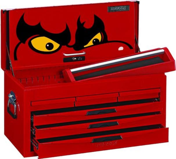 Heavy-duty red steel tool box with 6 spacious drawers, ball bearing slides, secure locking mechanism, and carrying handles.