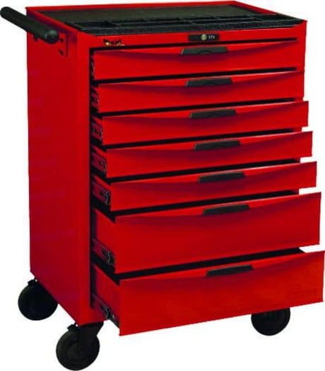 Teng 7 Drawer 8-Series Roller Cabinet in red steel, featuring 7 lockable drawers, smooth ball-bearing slides, and a sturdy ABS workbench.