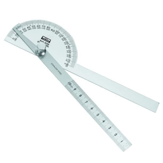 Toledo stainless steel protractor with 180-degree scale and 100mm rule for precise measurements in various projects.