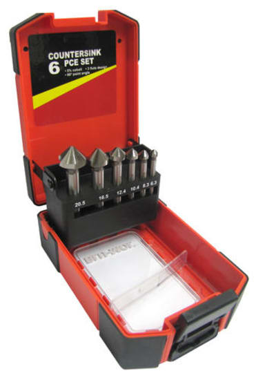 Blu-Mol 6-piece countersink set with 90-degree angles, 3-flute design, made from durable HSS M35, for precise drilling in various materials.