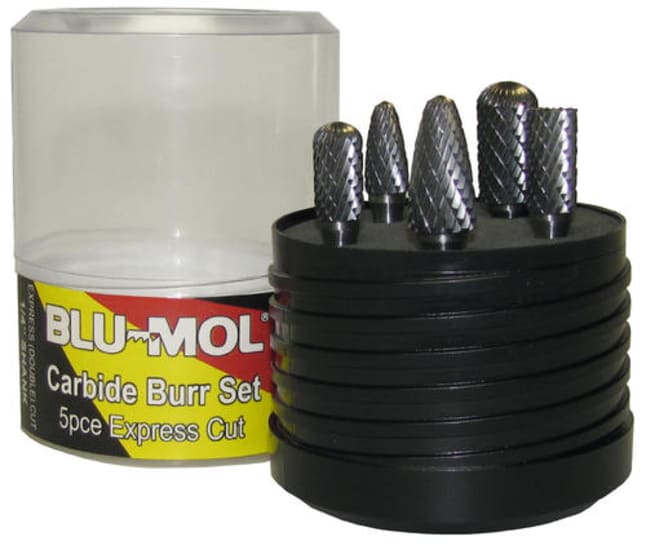 Blu-Mol 5-Piece Burr Set featuring double-cut burrs for precise carving, engraving, and grinding with a 1/4" shank.