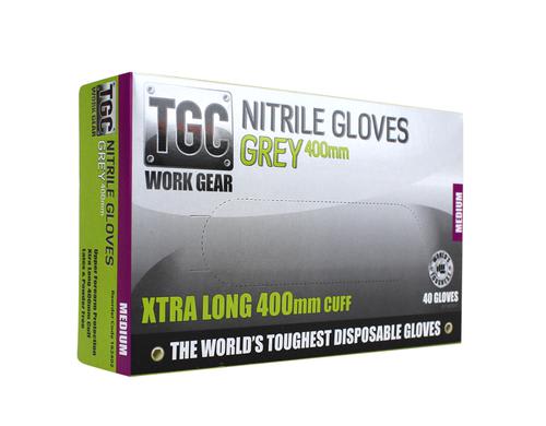 TGC Xtra Long Nitrile Gloves Powder Free Grey 400mm, Medium (Pack of 40)