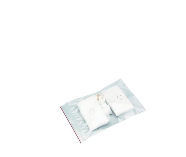 Clear resealable plastic bags (75 x 100mm) in a 100-pack for organizing small items, featuring zip-lock closure and write-on panels.