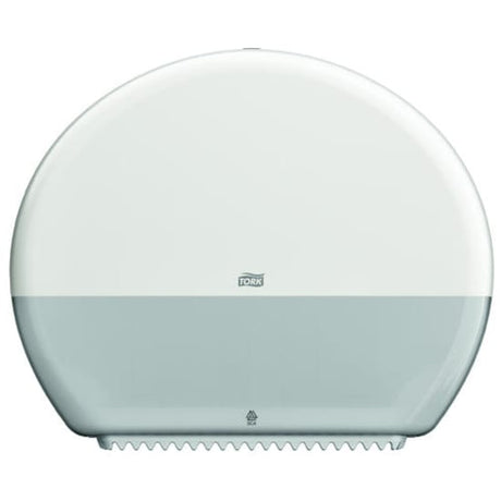 White Tork T1 Jumbo Toilet Paper Dispenser with see-through window, designed for high-traffic restrooms, reducing waste.