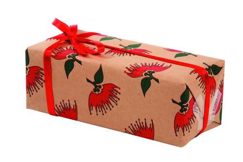 Giftwrap - Pohutukawa print on brown kraft paper 500mm x 30m (Roll)