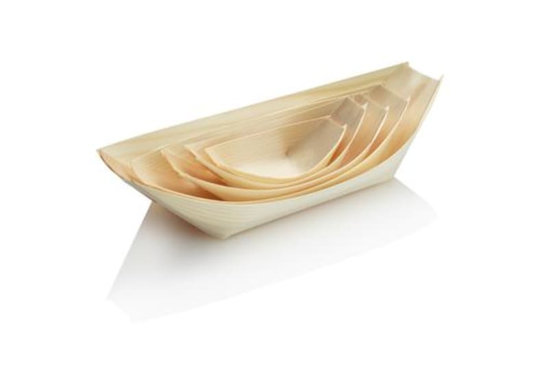 Set of 100 eco-friendly wooden sauce boats, crafted from white pine, ideal for serving sauces and dips at events.