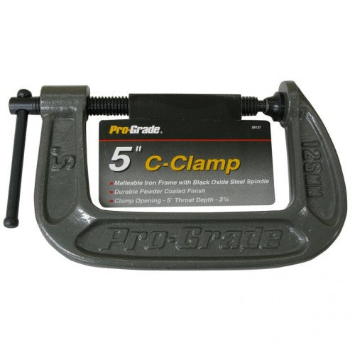 Durable 5" G clamp made of malleable iron with a black oxide spindle, ideal for medium clamping tasks.