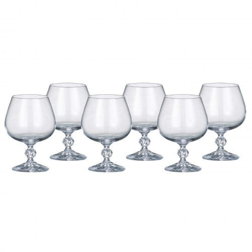 Elegant set of 6 Bohemia Claudia brandy glasses, crafted from cut crystal, perfect for savoring fine spirits.