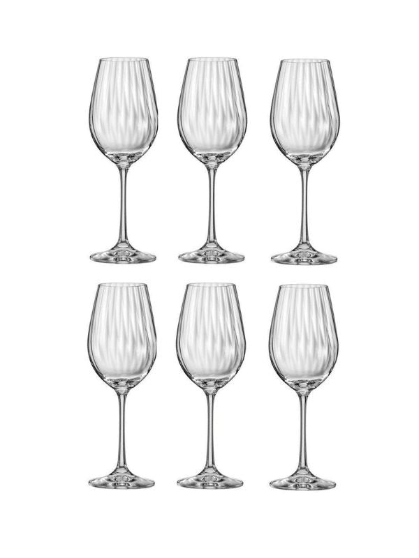 Elegant Bohemia Crystal set of 6 transparent waterfall wine glasses, crafted from lead-free crystal for a stylish sip.