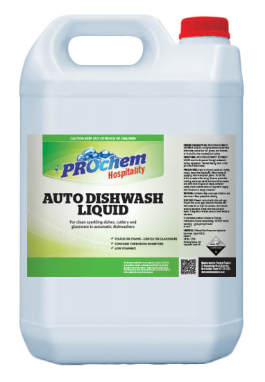 Prochem Auto Machine Dishwash Liquid in a 5L bottle, designed for commercial dishwashers to remove fats and food residues efficiently.
