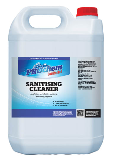 Prochem Sanitising Cleaner 5L bottle, designed for effective cleaning and sanitising on various surfaces in diverse environments.