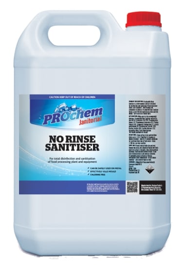 Prochem No Rinse Sanitiser 5L, a high foaming solution that effectively disinfects surfaces in food processing environments.