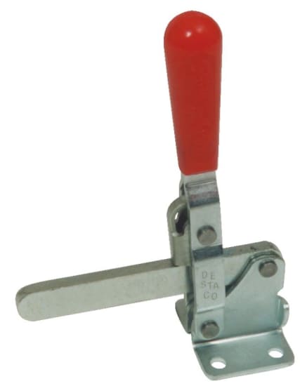 Durable toggle clamp with horizontal bar and vertical handle, ideal for secure workpiece holding in welding and drilling tasks.