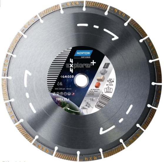 High-performance 350mm diamond cutting blades with laser-welded segments for cutting concrete, granite, steel, and asphalt.