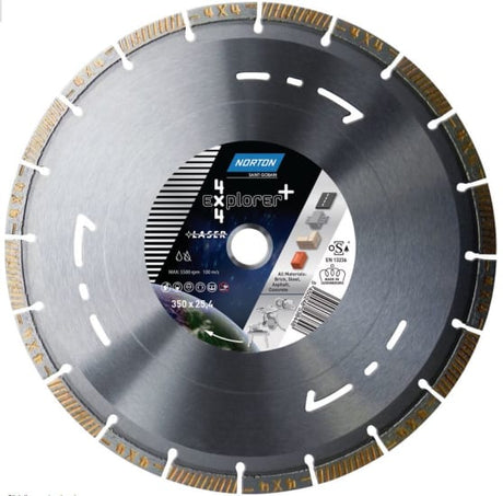 High-performance 350mm diamond cutting blades with laser-welded segments for cutting concrete, granite, steel, and asphalt.