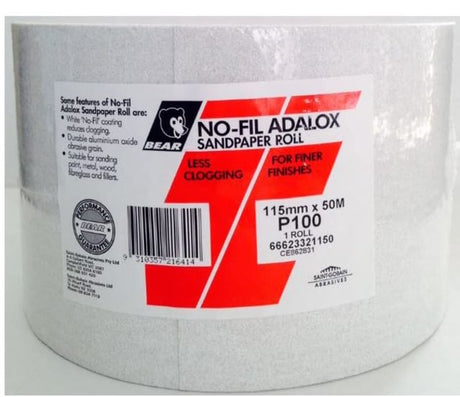 Roll sandpaper NOFIL 115mm x 50mm 100G, designed for smooth finishes on wood, metal, and plastic with no-fill coating.