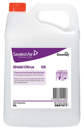 Commercial-grade Citrus Shield Disinfectant in a 5-litre bottle for effective cleaning and disinfecting with a refreshing scent.