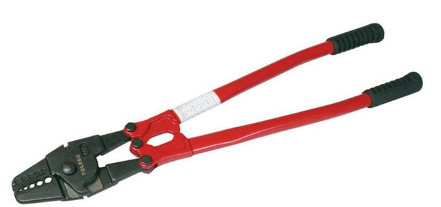 Tool with cutter for swaging and crimping cables; features precise jaws and durable chrome vanadium steel construction.