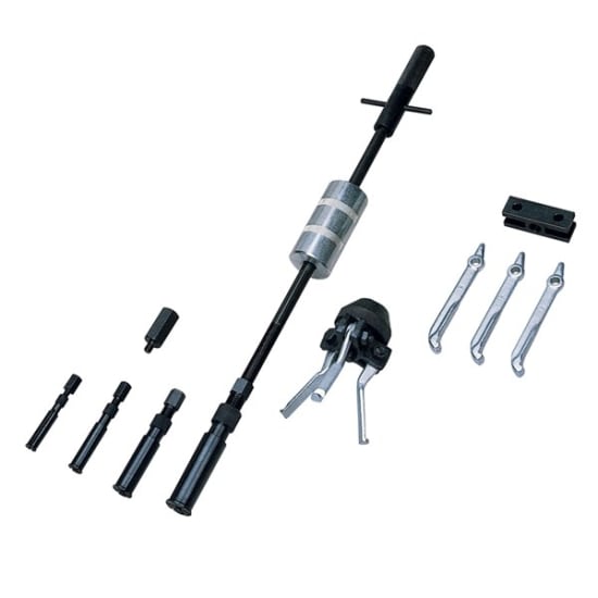 SLIDE HAMMER PULLER KIT 085403-Pack featuring versatile pullers, adjustable cone, and sturdy carton for automotive extraction tasks.