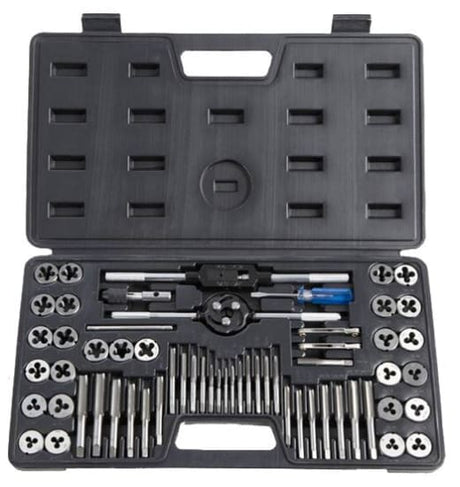 Premium 60-piece Tap & Die Set with taps, dies, gauges, and wrenches for precise threading in various projects.