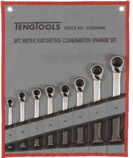 Teng Ratchet Reversible Spanner Set in chrome vanadium steel, 8 pieces, 8-19mm, featuring a 12-point angle for tight access.