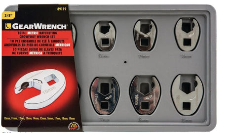 Gearwrench Ratcheting Crowfoot Set - Metric GW89119, 10-piece set for quick, efficient access to fasteners in tight spaces.