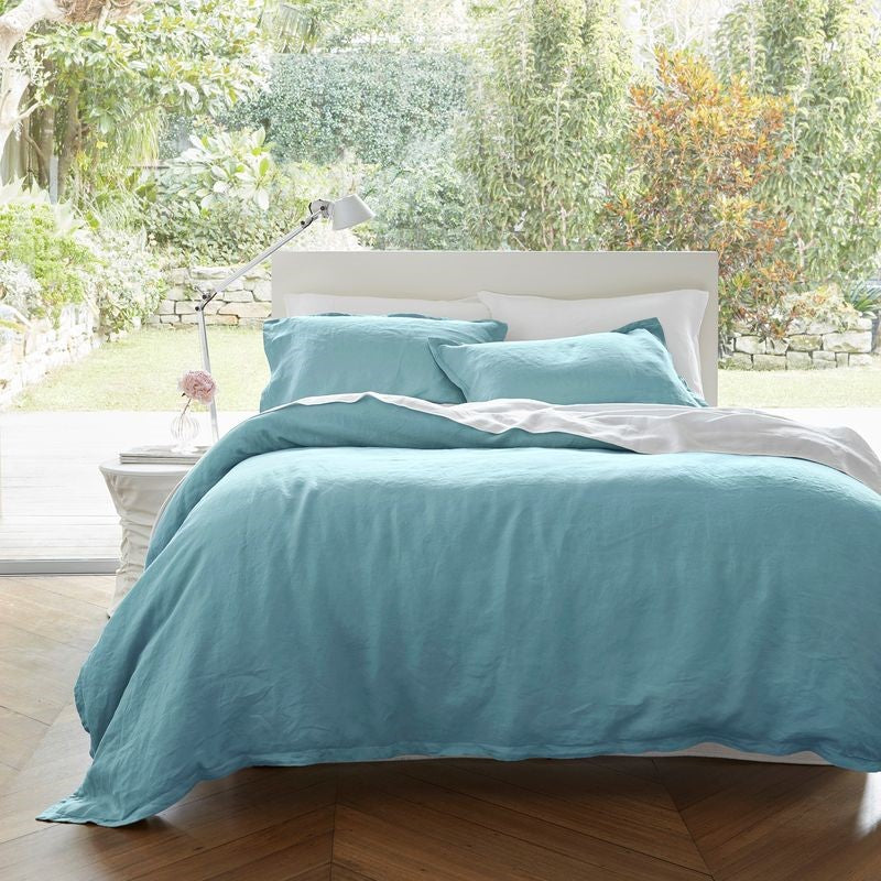 Blue Baltic Linen duvet cover set from Baksana featuring 100% European Flax, includes a super king cover and two pillowcases.