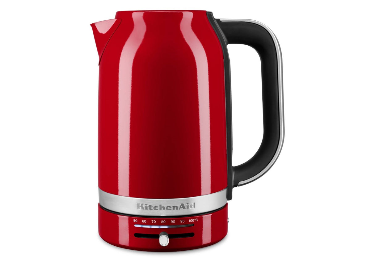 KitchenAid Empire Red Electric Kettle (1.7L) with stainless steel interior, precise temperature control, and drip-free spout.