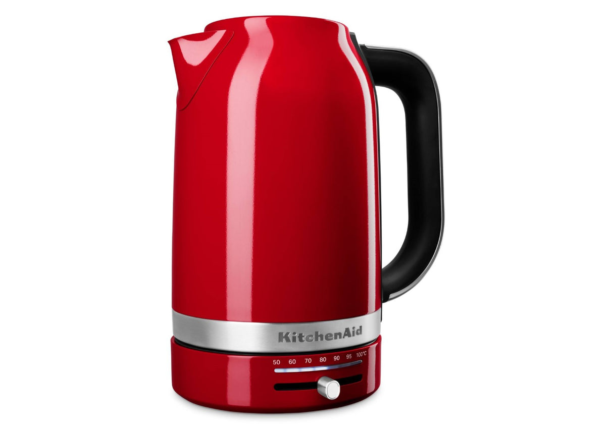 Electric kettle in Empire Red with 1.7L capacity, brushed stainless steel, variable temperature control, and drip-free spout.