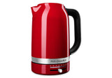 Electric kettle in Empire Red with 1.7L capacity, brushed stainless steel, variable temperature control, and drip-free spout.