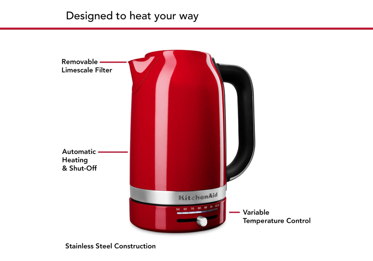 Electric kettle in Empire Red with brushed stainless steel interior and variable temperature control for perfect brewing.