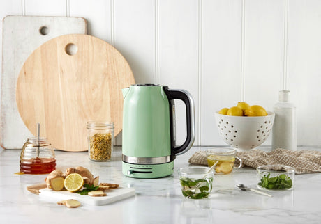 Electric kettle in Empire Pistachio featuring variable temperature control, durable metal construction, and precision spout design.