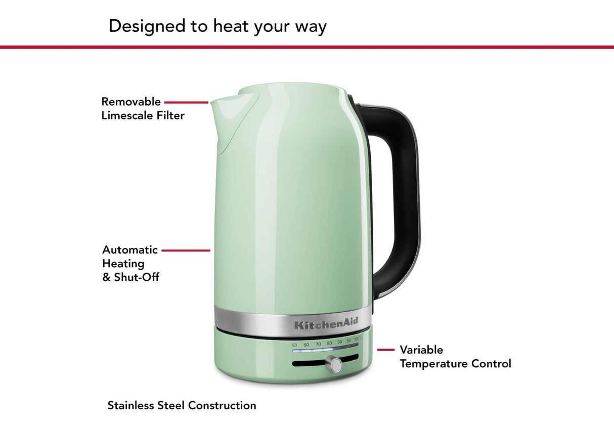 Electric kettle in Empire Pistachio, featuring variable temperature control, full metal construction, and a precision spout for brewing.