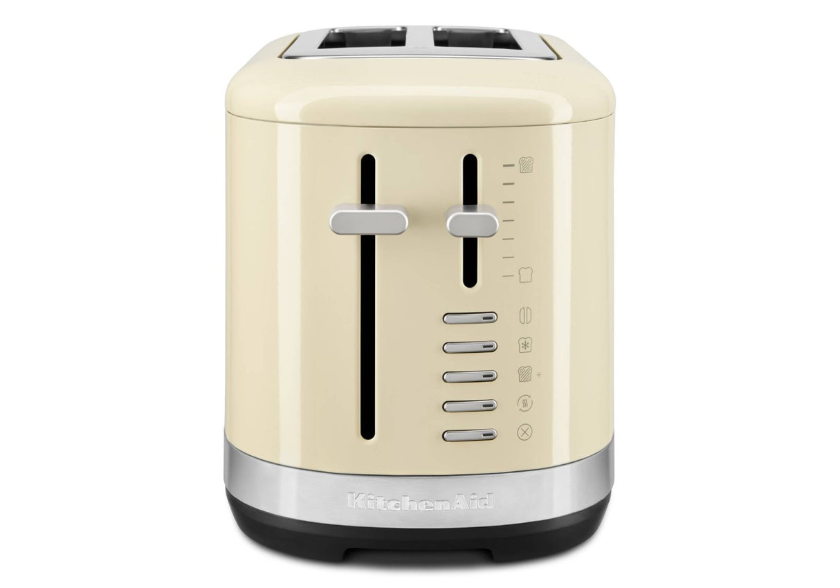 KitchenAid 2 Slice Toaster in Almond Cream with extra wide slots, 7 shade settings, and versatile functions for perfect toast.