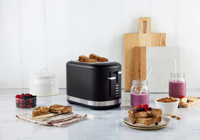 Matte Black KitchenAid 2 Slice Toaster with extra-wide slots and 7 shade settings for versatile toasting options.