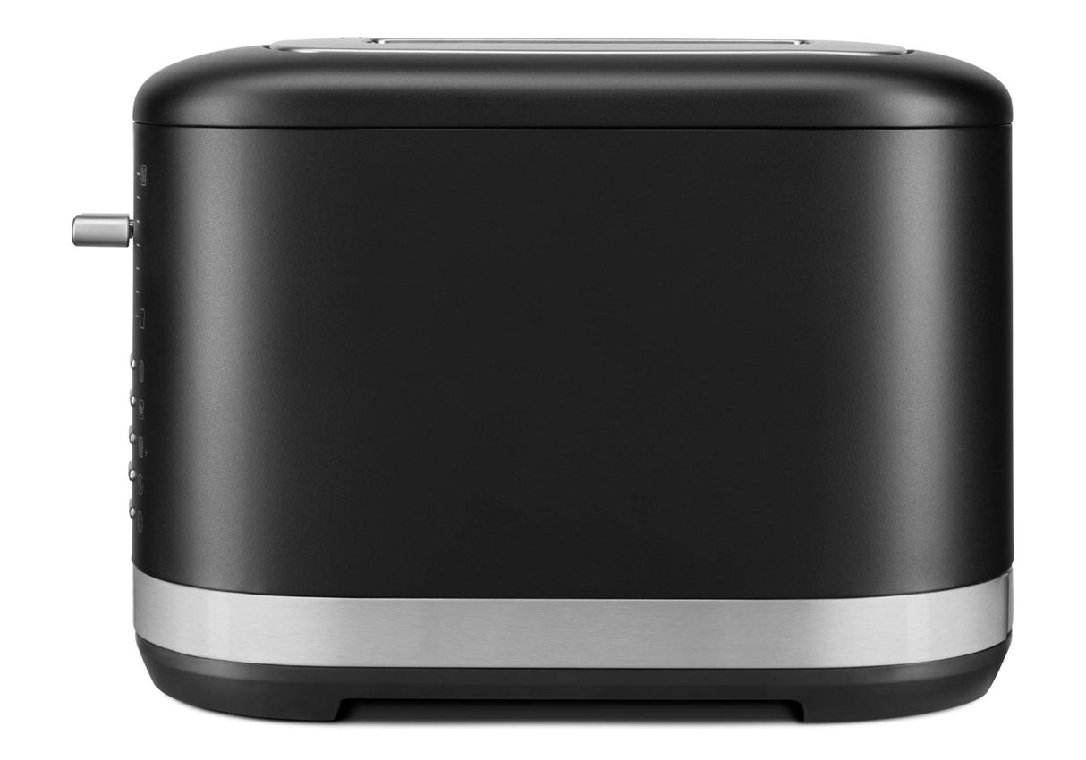 KitchenAid 2 Slice Toaster in Matte Black, featuring extra-wide slots and 7 shade settings for versatile toasting options.