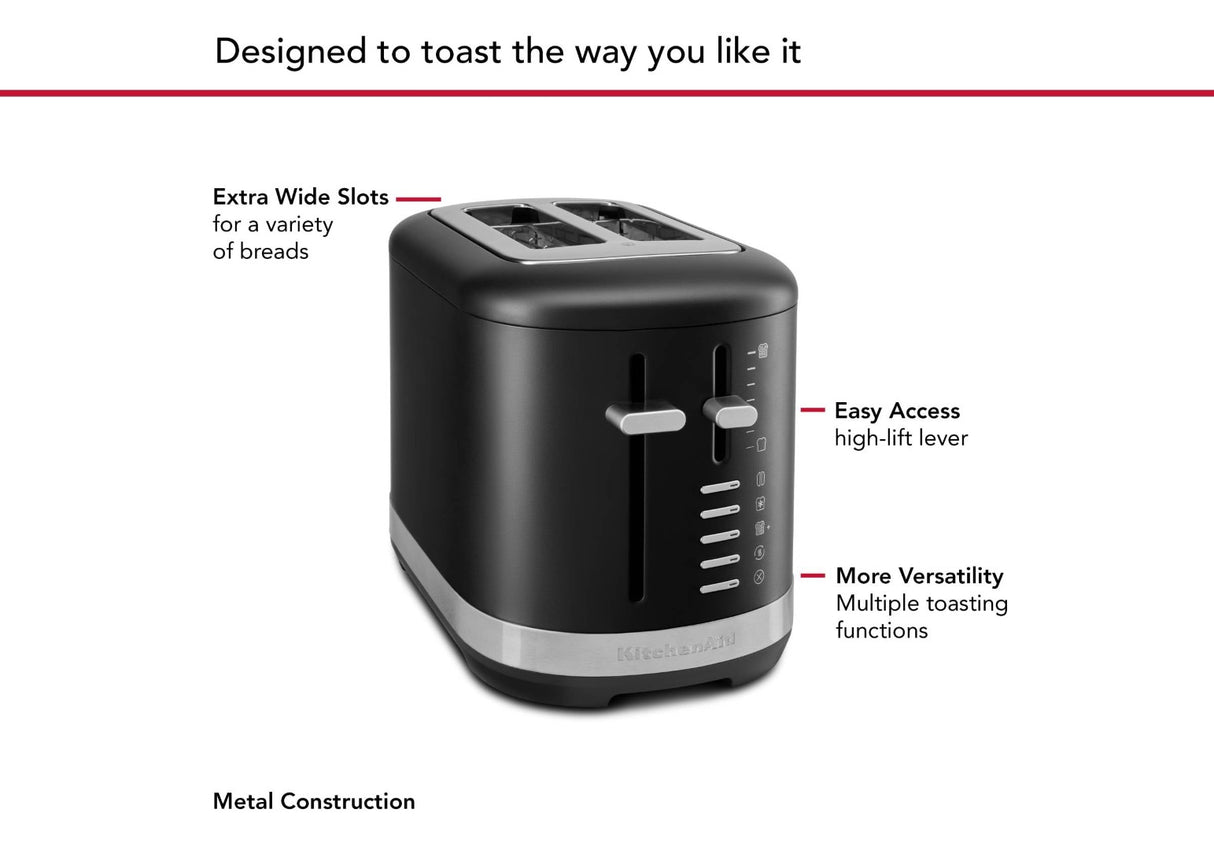 KitchenAid 2 Slice Toaster in Matte Black, featuring extra-wide slots and 7 shade settings for perfect toasting every time.