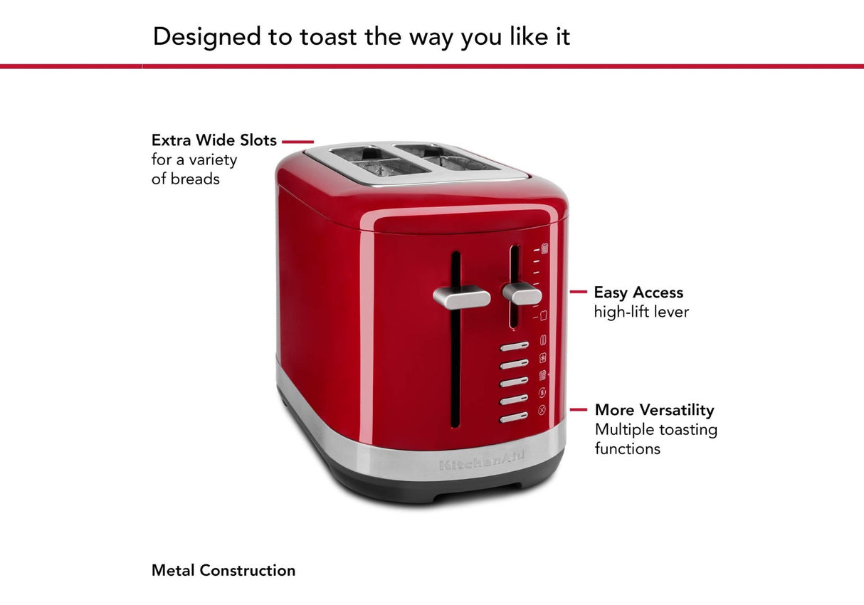 KitchenAid 2 Slice Toaster in Empire Red with extra wide slots and 7 shade settings for perfect toasting versatility.