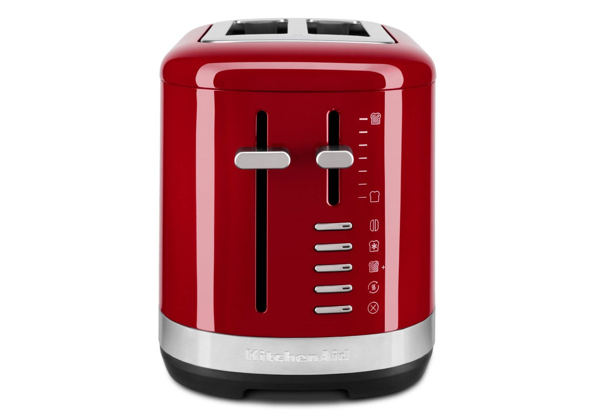 KitchenAid 2 Slice Toaster in Empire Red with extra wide slots and 7 shade settings for perfect toast and versatile functions.