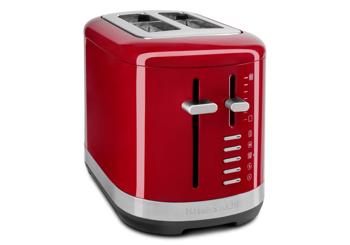 KitchenAid 2 Slice Toaster in Empire Red with extra wide slots and 7 shade settings for versatile toasting options.