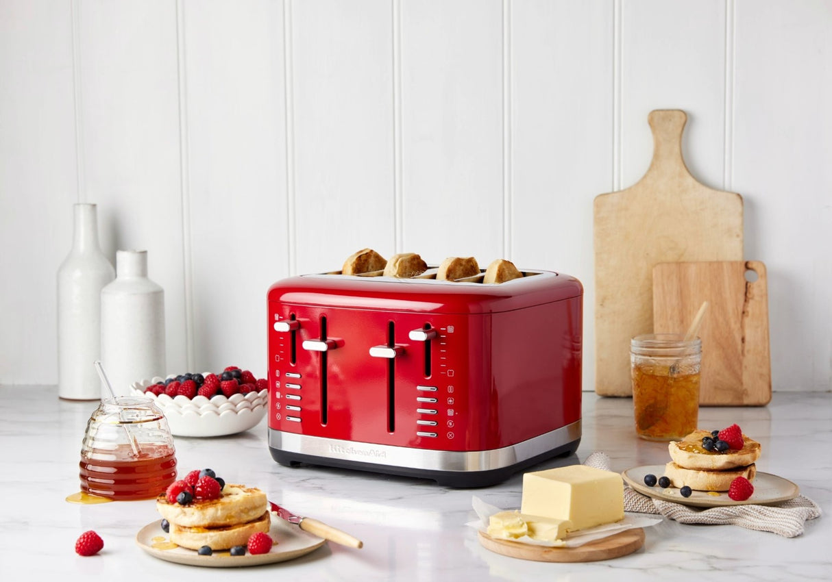 KitchenAid 4 Slice Toaster in Empire Red with extra wide slots and 7 shade settings for perfect toast every time.