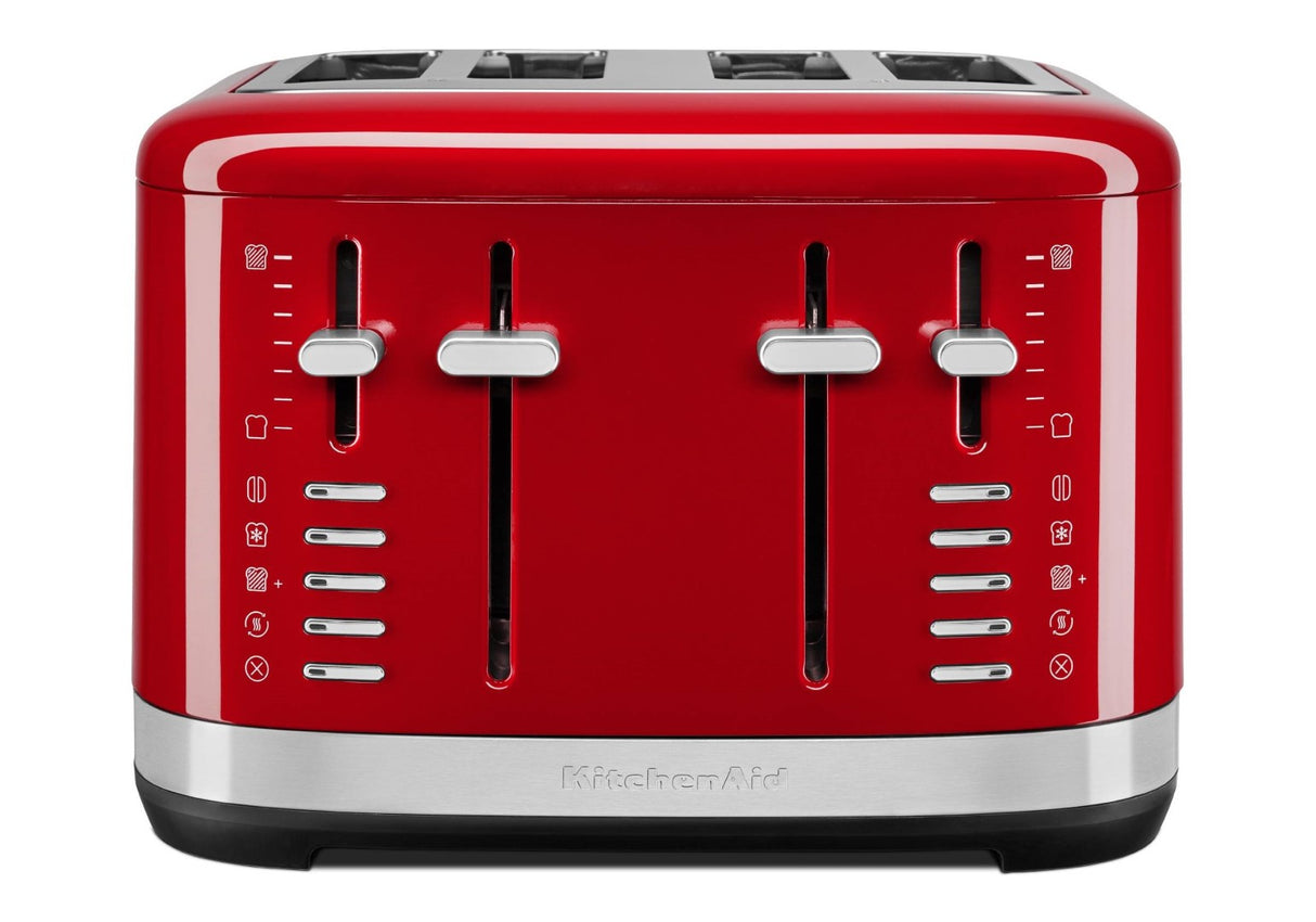 4 Slice KitchenAid Toaster in Empire Red with extra wide slots, 7 shade settings, and removable crumb tray for easy cleanup.