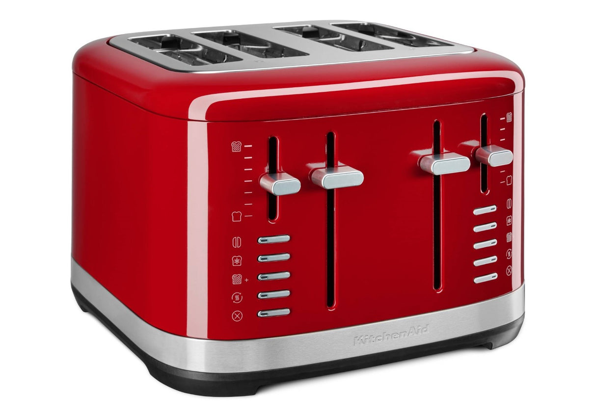 4 Slice KitchenAid Toaster in Empire Red, featuring extra wide slots, 7 shade settings, and a removable crumb tray.