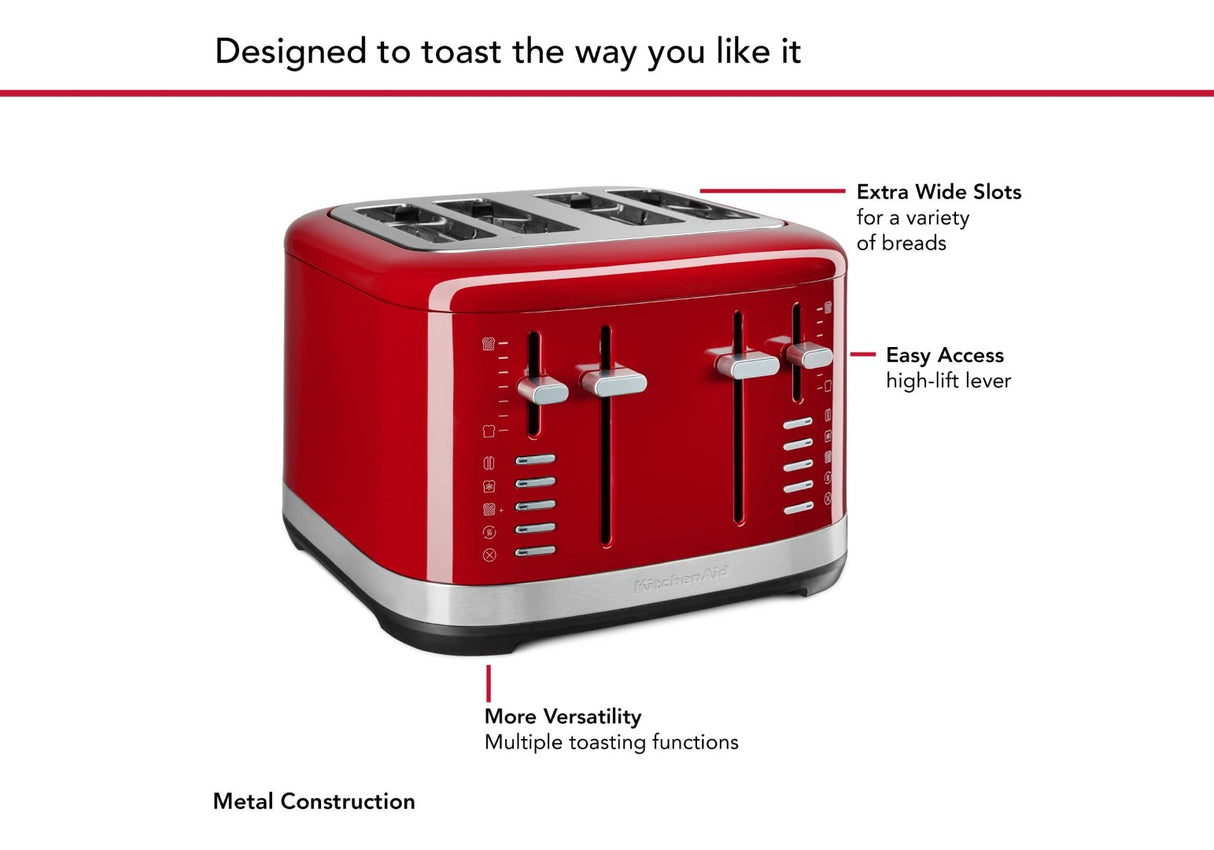 KitchenAid 4 Slice Toaster in Empire Red, featuring extra wide slots and 7 shade settings for perfect toasting.