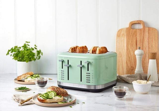 Pistachio KitchenAid 4 Slice Toaster with extra wide slots, 7 shade settings, and easy-clean removable crumb tray.