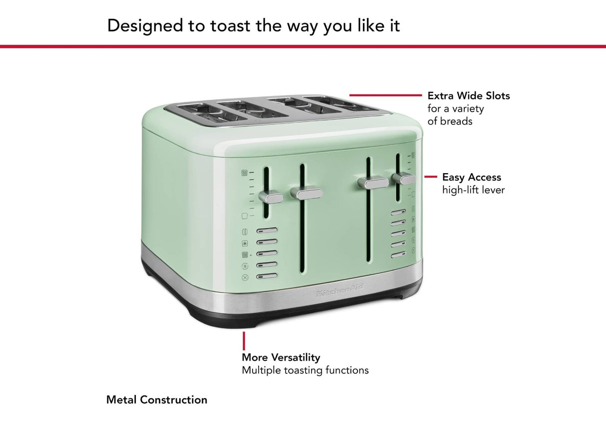 KitchenAid 4 Slice Toaster in Pistachio color with wide slots, 7 shade settings, high lever, and removable crumb tray.