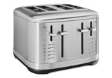 Stainless steel KitchenAid 4 Slice Toaster with wide slots, 7 shade settings, high-lift lever, and removable crumb tray.