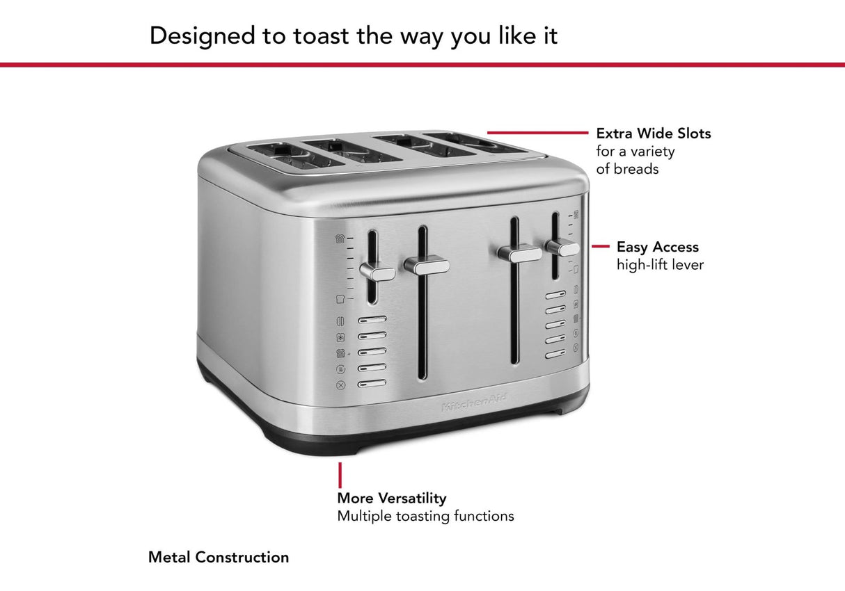 Sleek stainless steel KitchenAid 4 Slice Toaster with extra-wide slots and 7 shade options for perfectly toasted bread.