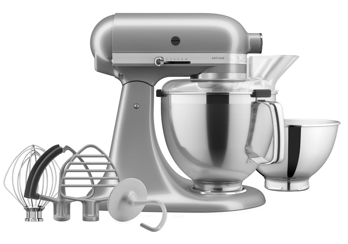 Artisan Tilt Head Stand Mixer in Silver with 4.7L capacity, 10 speeds, and 5 accessories for versatile baking.