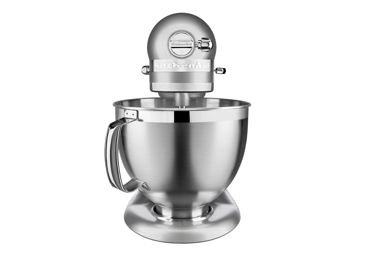 Artisan Tilt Head Stand Mixer in Silver, 4.7L capacity, 10 speeds, includes 5 accessories and 2 stainless steel bowls.